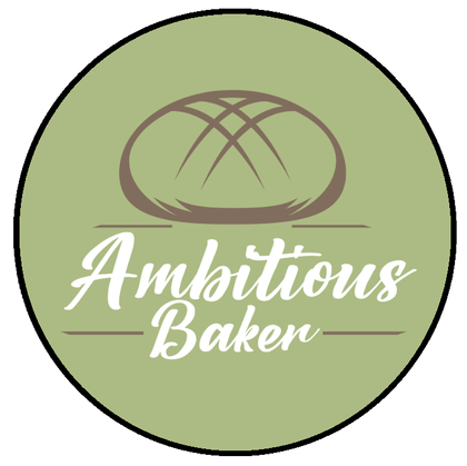 The Ambitious Baker logo: a flat line-drawn scored loaf above a script wordmark, set in a sage green circle
