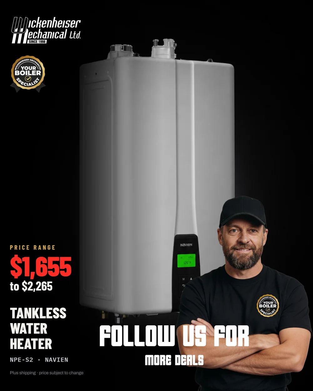 Wickenheiser Mechanical social advertisement for a Navien NPE-S2 tankless water heater, price range $1,655 to $2,265, with a technician in a badge shirt