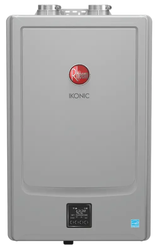A Rheem Ikonic condensing tankless water heater, wall-mounted, of the type Wickenheiser Mechanical installs in Regina homes