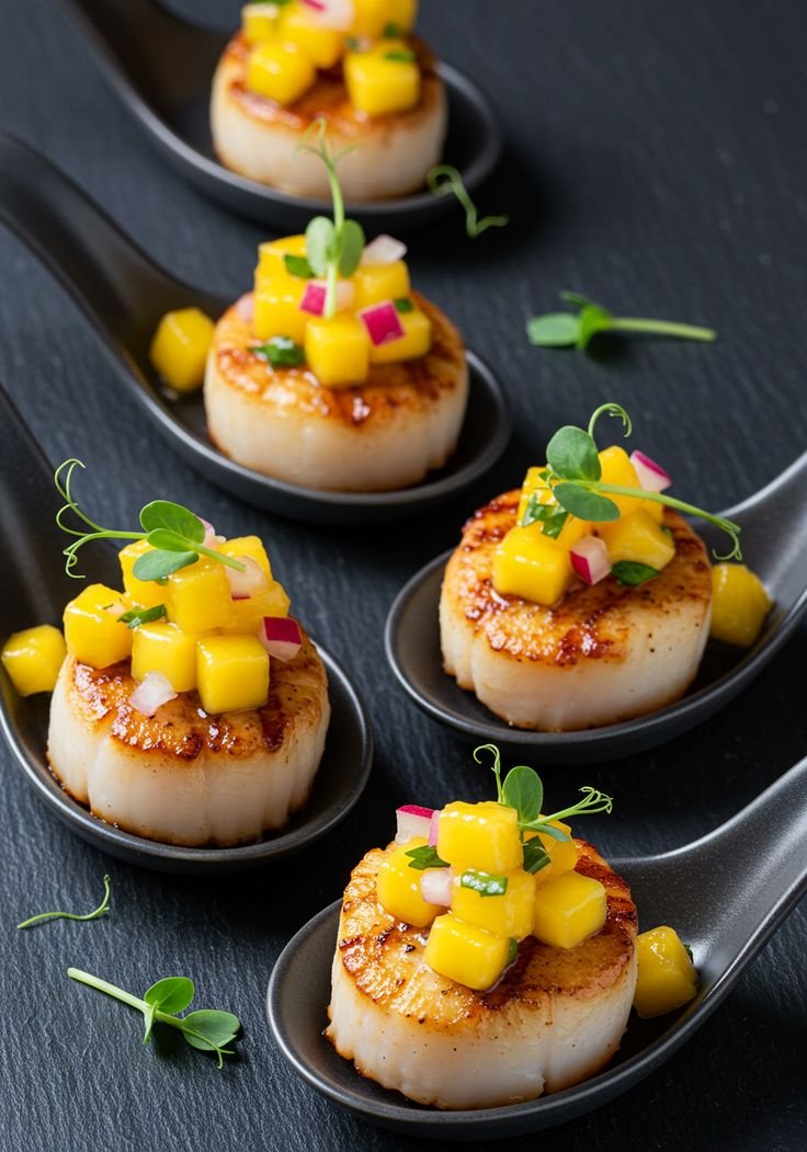 Seared scallops with mango salsa served on black tasting spoons, an amuse-bouche, fine-dining photography for YQR Design in Regina, Saskatchewan