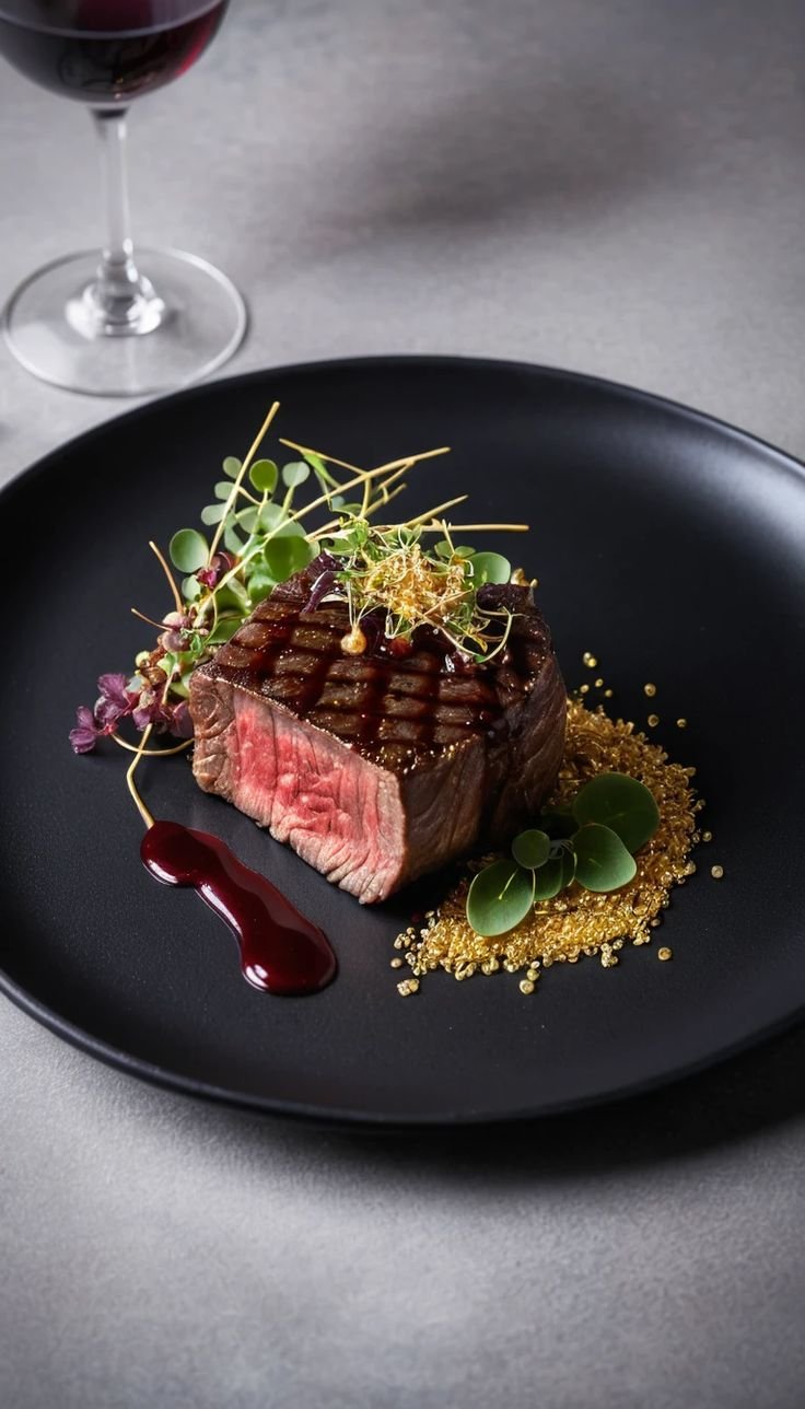 Grilled beef fillet cooked medium-rare with a red-wine reduction, gold-dusted puffed grain and microgreens on a black plate, the main course, fine-dining photography for YQR Design