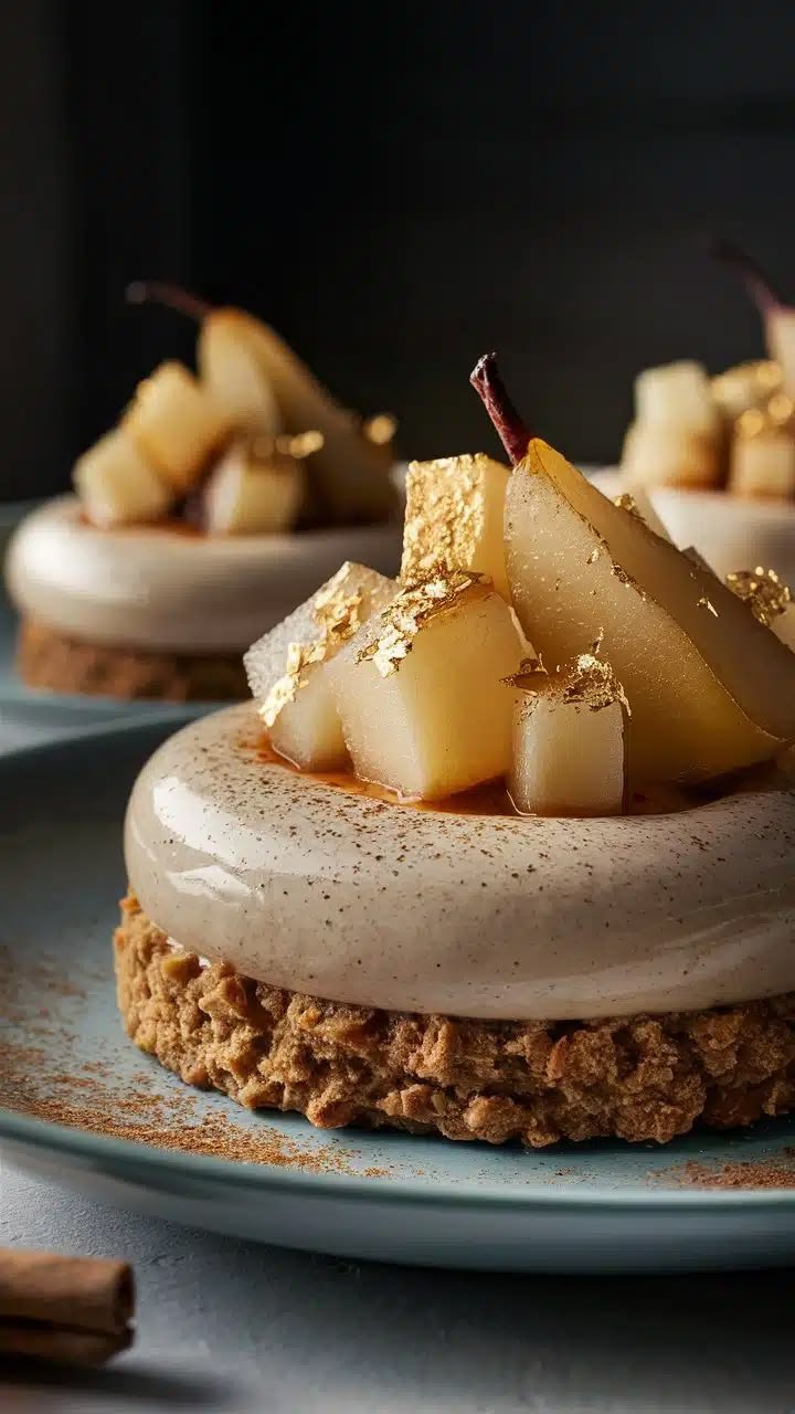 Spiced pear and cinnamon mousse tartlet on an oat crust, finished with poached pear and gold leaf, the dessert, fine-dining photography for YQR Design