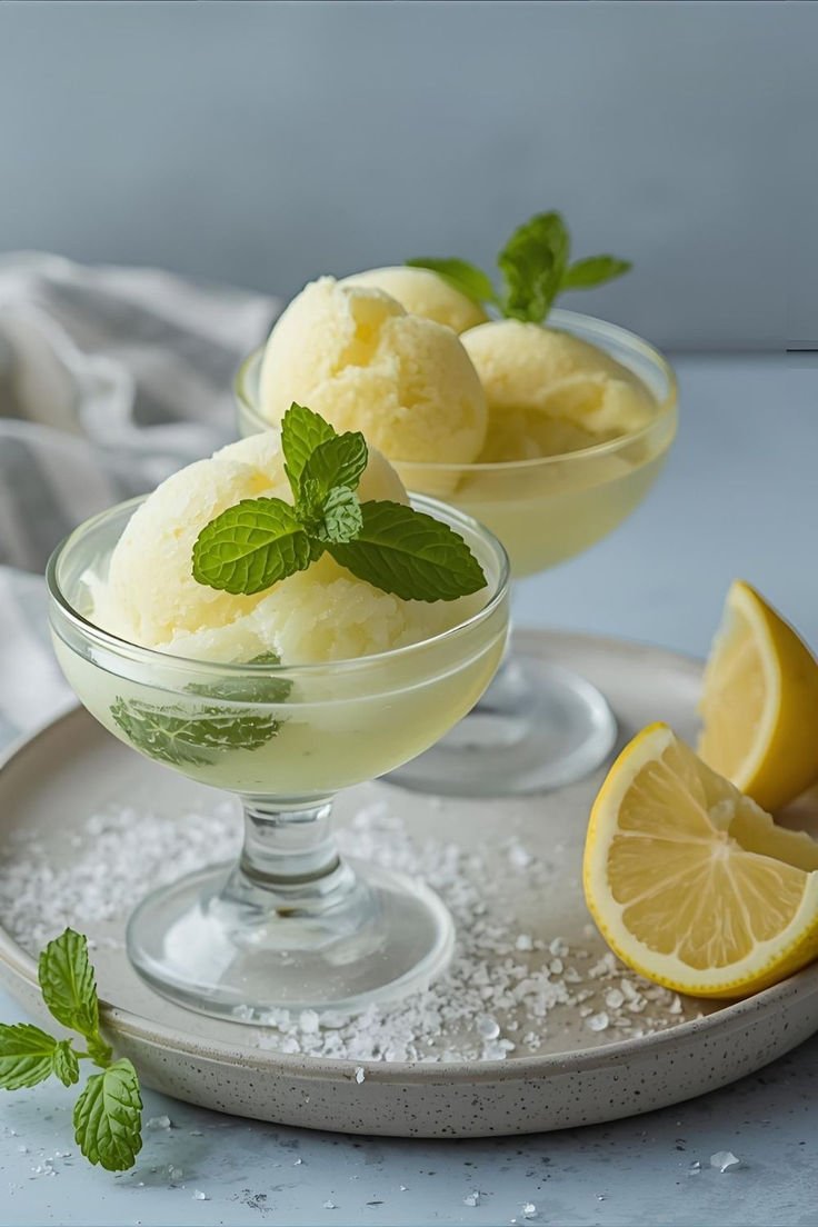Lemon sorbet in chilled glass coupes with fresh mint and lemon wedges, a palate cleanser, fine-dining photography for YQR Design
