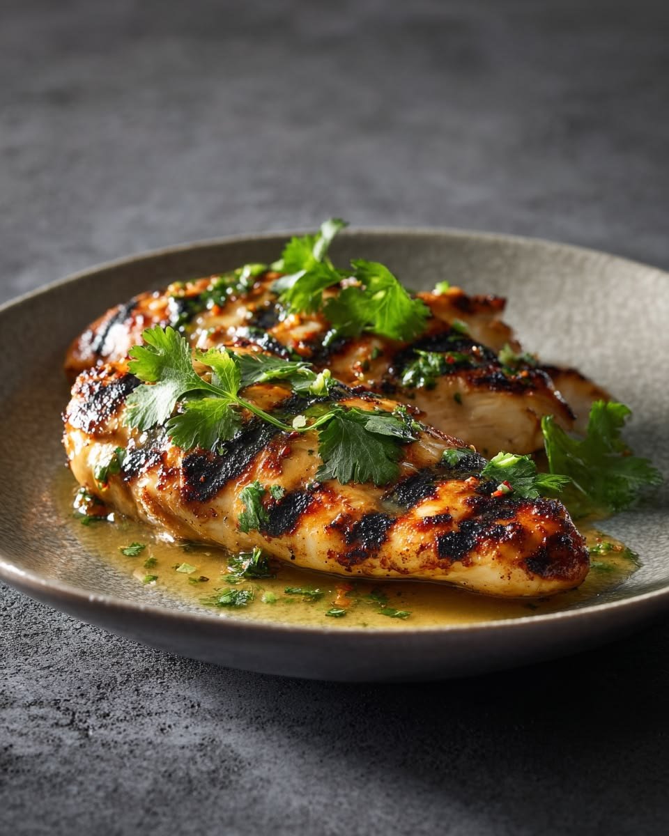 Char-grilled chicken breast in a herb and chilli butter sauce on a stone plate, the main course, fine-dining photography for YQR Design