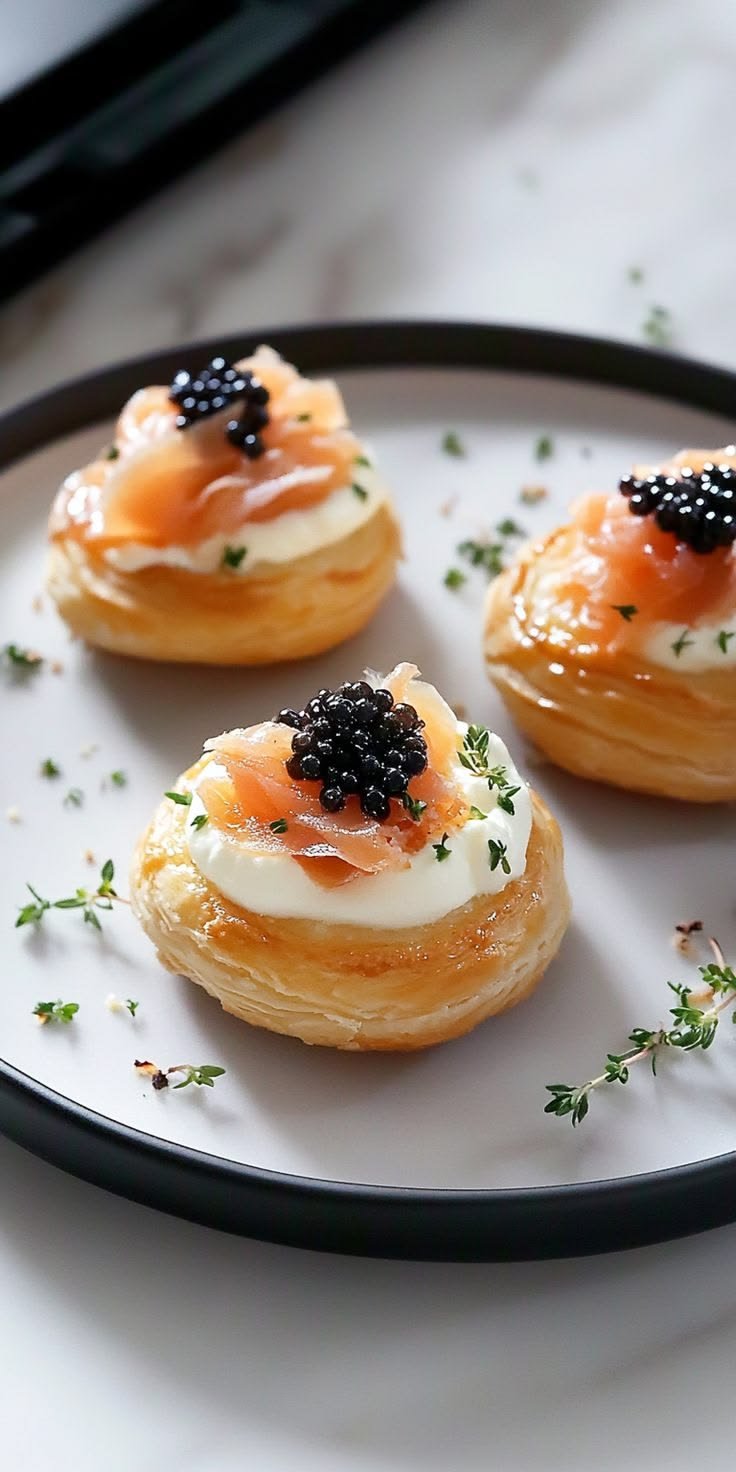 Smoked-salmon and caviar canapés on golden pastry, an amuse-bouche, fine-dining photography for YQR Design in Regina, Saskatchewan