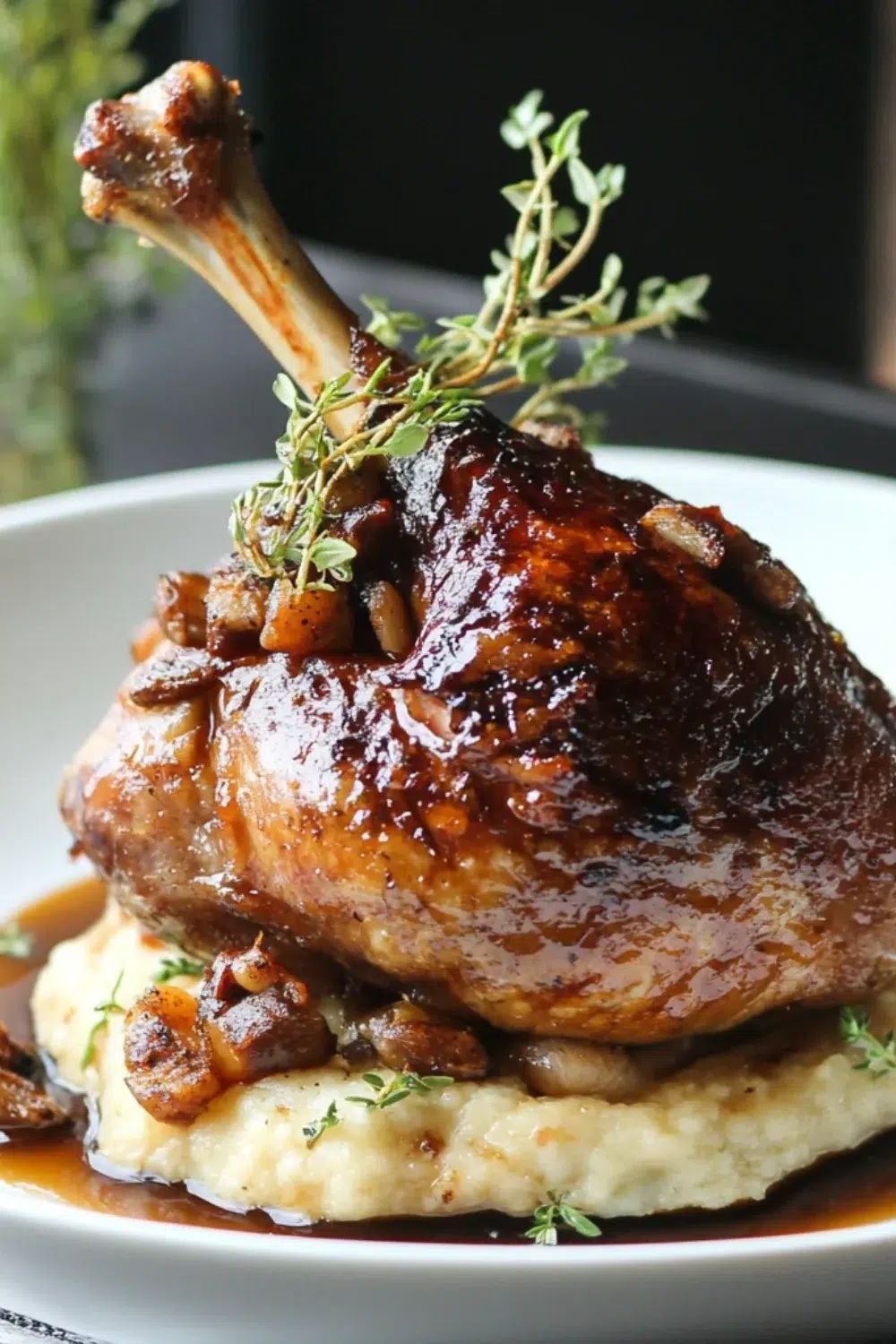 Slow-braised glazed duck leg on creamy mash with thyme and jus, fine-dining photography for YQR Design