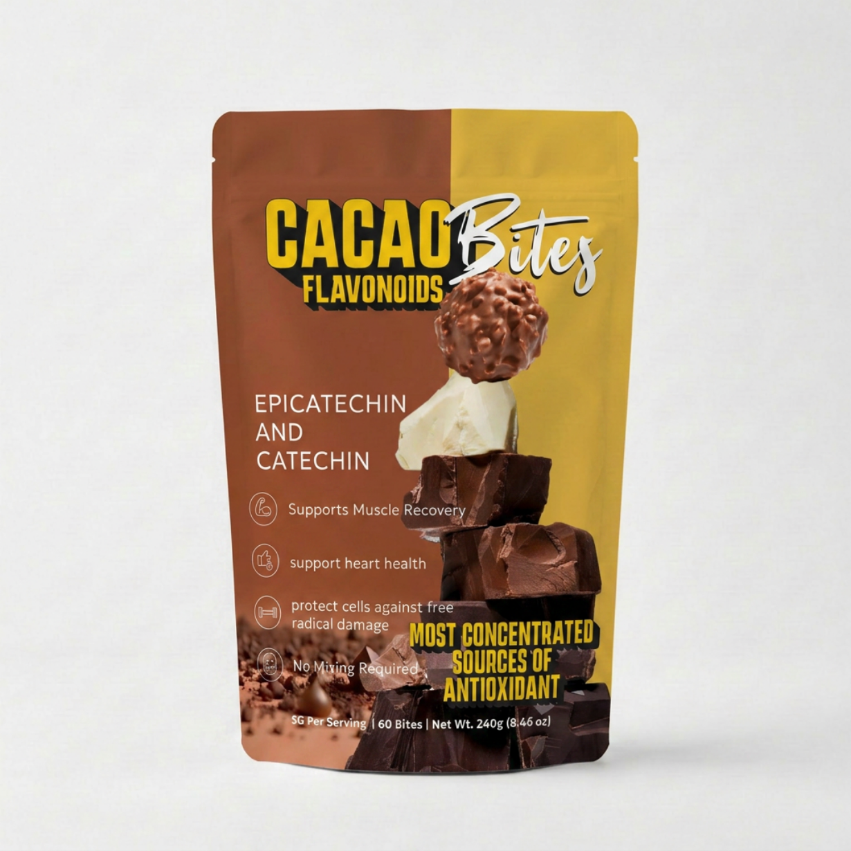 Cacao Bites, chocolate-and-gold stand-up pouch packaging with bold wordmark, designed by YQR Design
