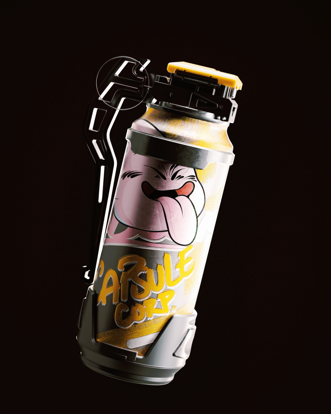 Capsule Corp, character-led drink capsule with graffiti gold wordmark, packaging concept by YQR Design