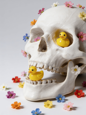 Memento art-direction piece by YQR Design, a ceramic skull among rubber ducks and wildflowers
