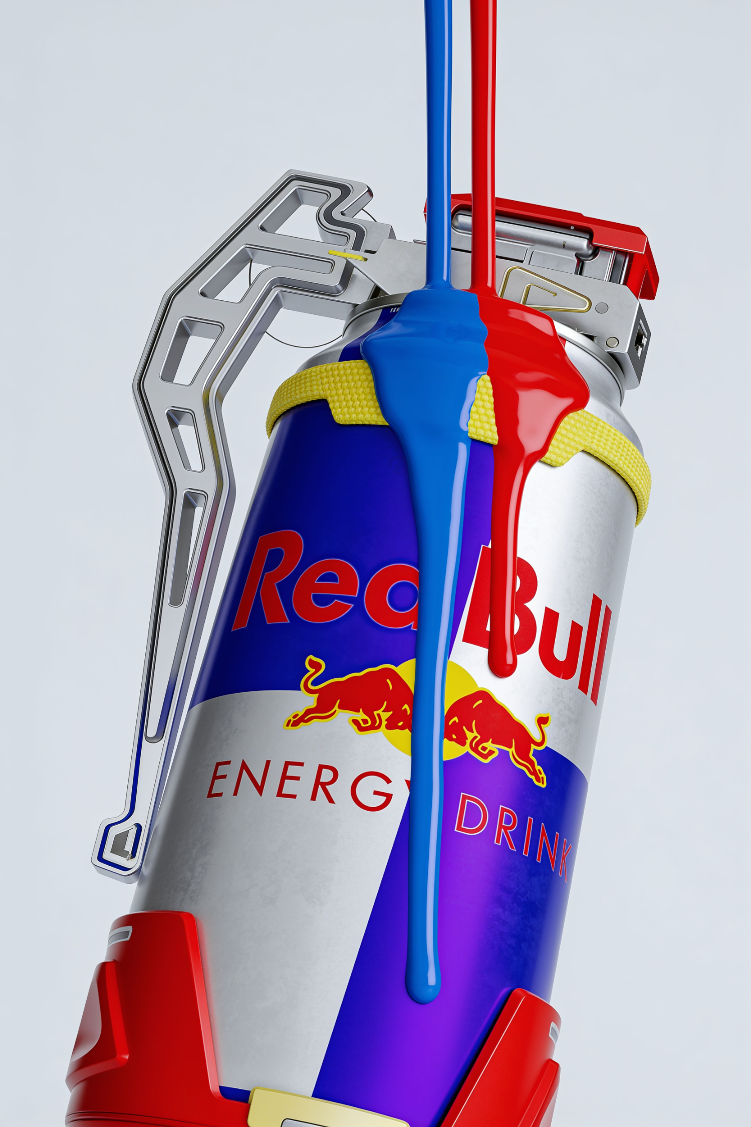 Energy Blast, energy-drink product render styled as a rugged canister in firelight, product art direction by YQR Design