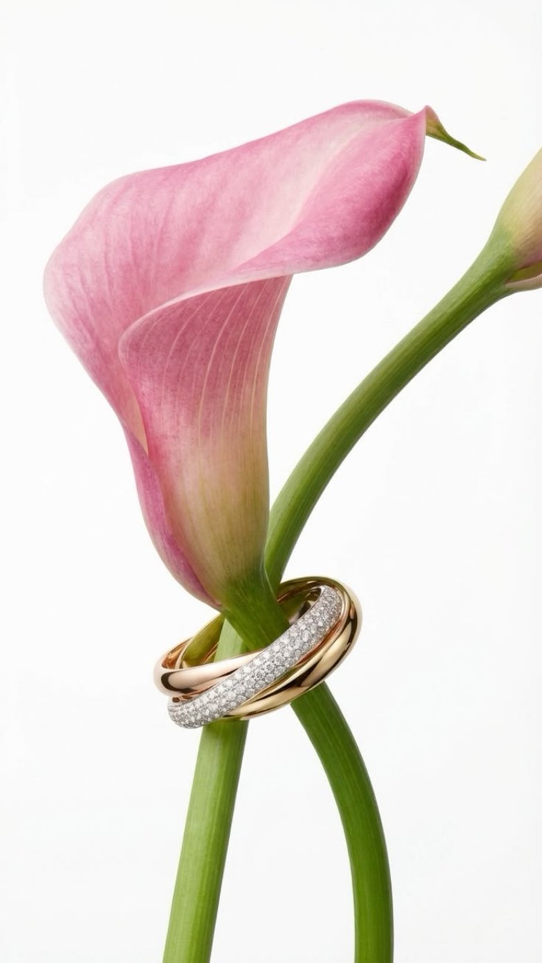 MutualClause fine-jewelry campaign by YQR Design, rose-gold and diamond bands entwined around a pink calla lily stem