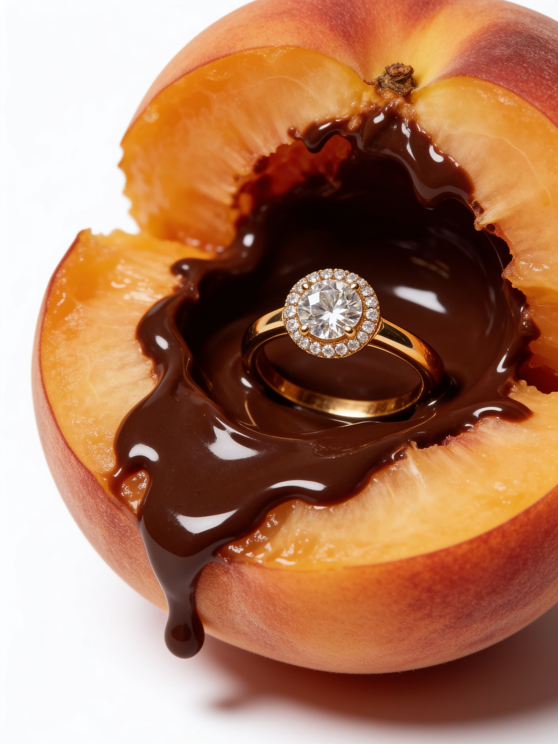 MutualClause fine-jewelry campaign by YQR Design, a gold diamond halo ring nestled in a chocolate-dipped peach