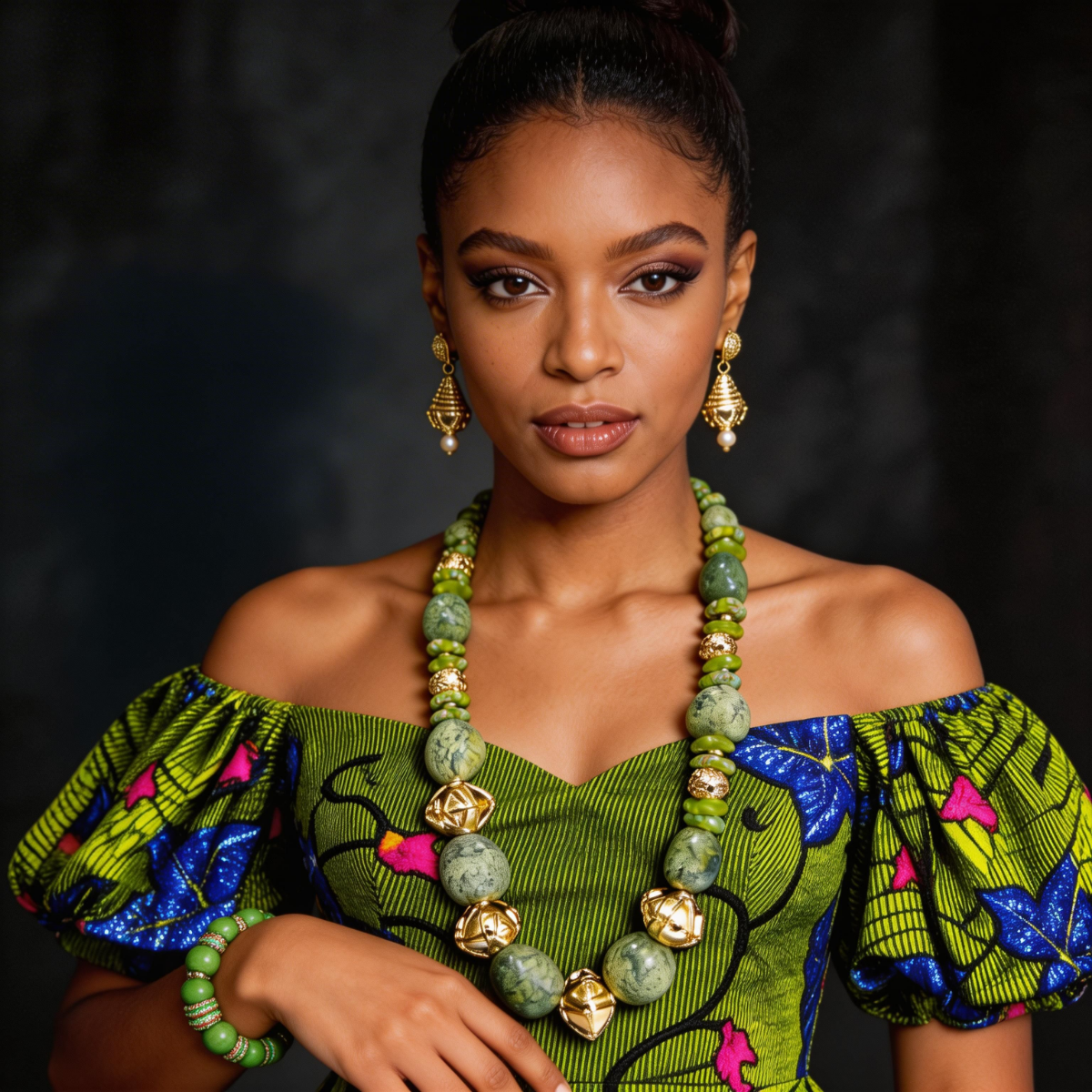 Magnolia Boutique campaign by YQR Design, a model in a green Ankara-print off-shoulder dress wearing a jade and gold beaded statement necklace with gold drop earrings