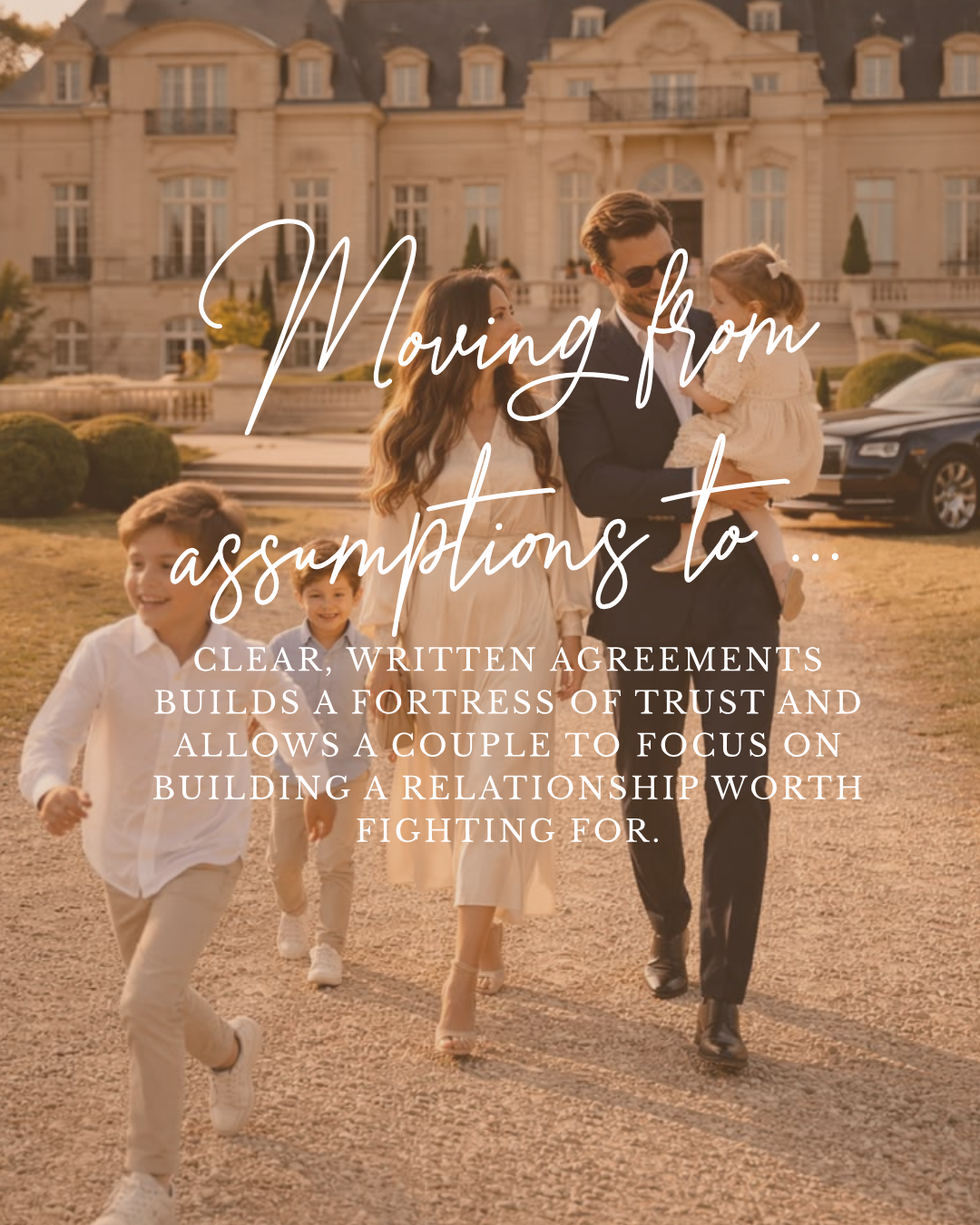 MutualClause campaign by YQR Design, a family walking before a grand estate, Moving from assumptions to clear written agreements