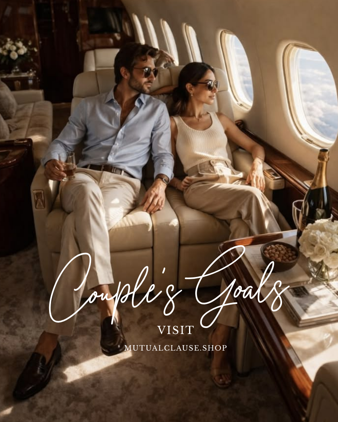MutualClause social campaign by YQR Design, an elegant couple relaxing aboard a private jet, captioned Couple's Goals