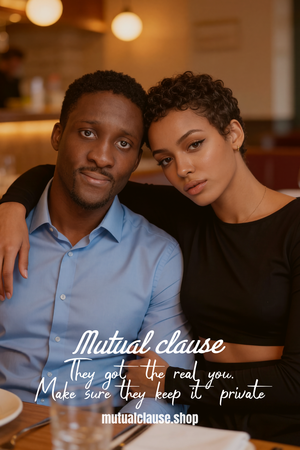MutualClause campaign by YQR Design, a couple at a restaurant, They got the real you, make sure they keep it private